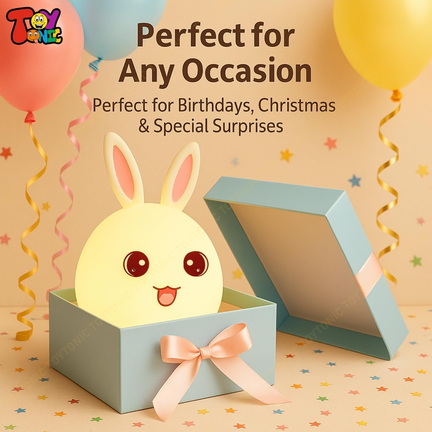 TOYTONIC Silicone Rabbit Night Light, USB Rechargeable, 7-Color Changing LED Lamp