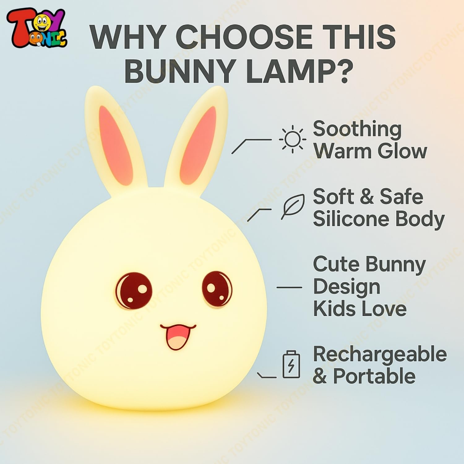 TOYTONIC Silicone Rabbit Night Light, USB Rechargeable, 7-Color Changing LED Lamp