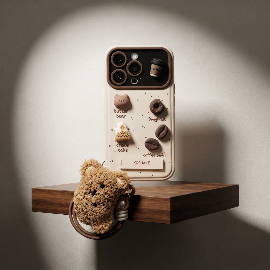 3D Cafe Bear Kickstand Case with Plush Teddy Wristlet Set