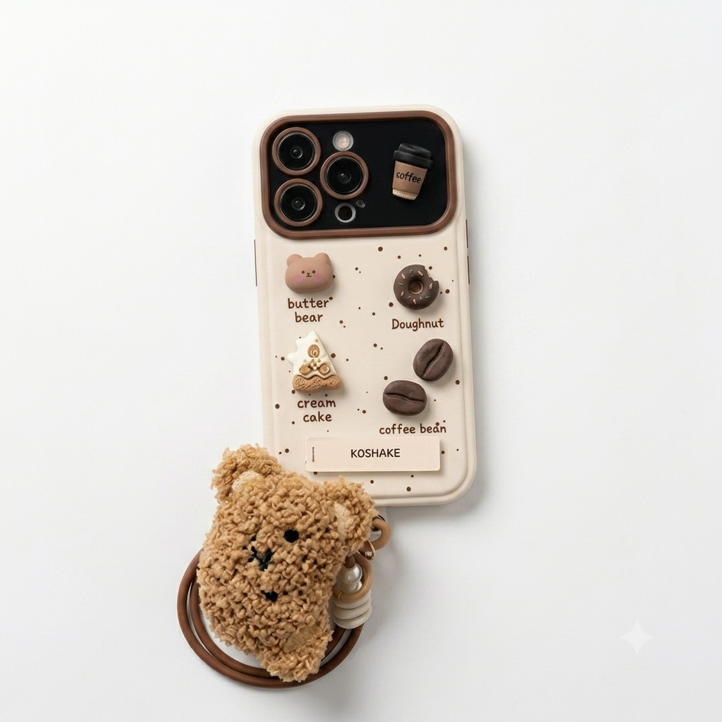 3D Cafe Bear Kickstand Case with Plush Teddy Wristlet Set