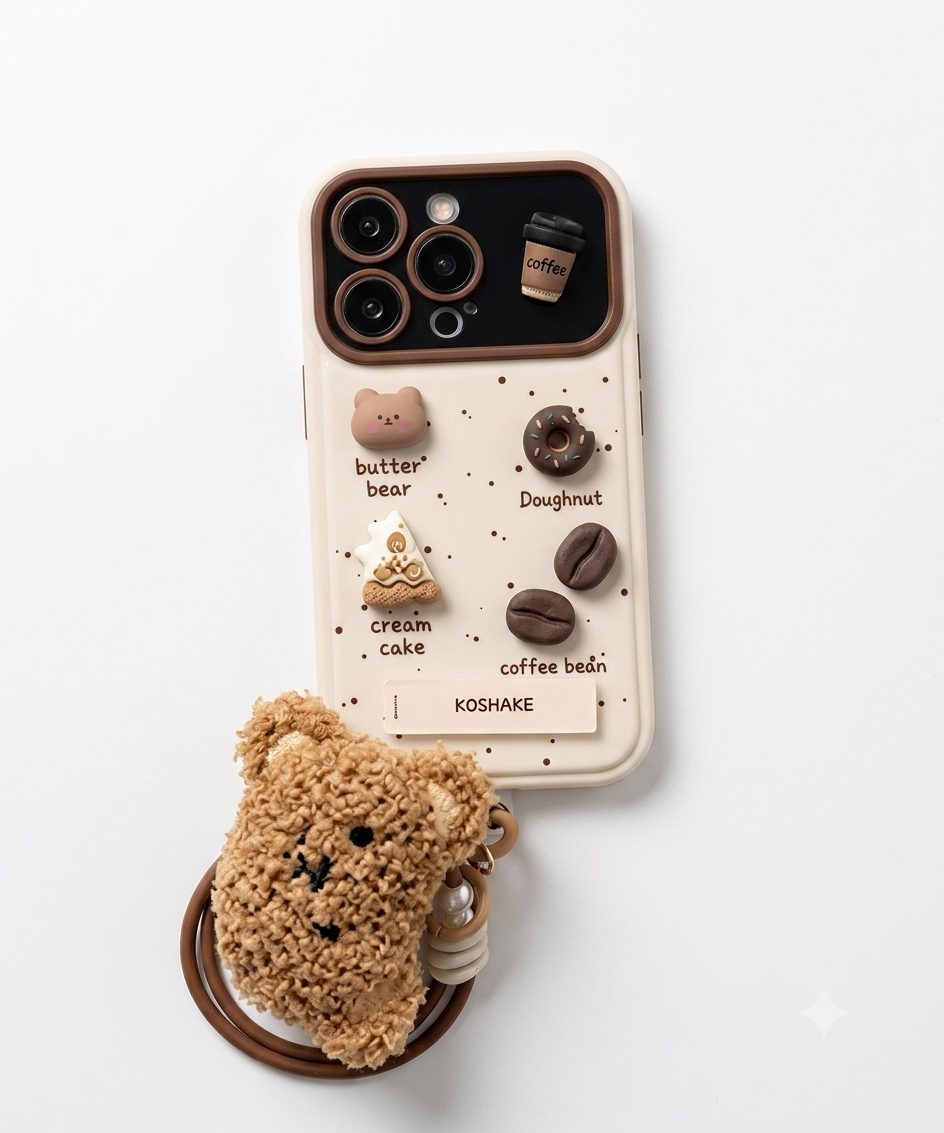 3D Cafe Bear Kickstand Case with Plush Teddy Wristlet Set
