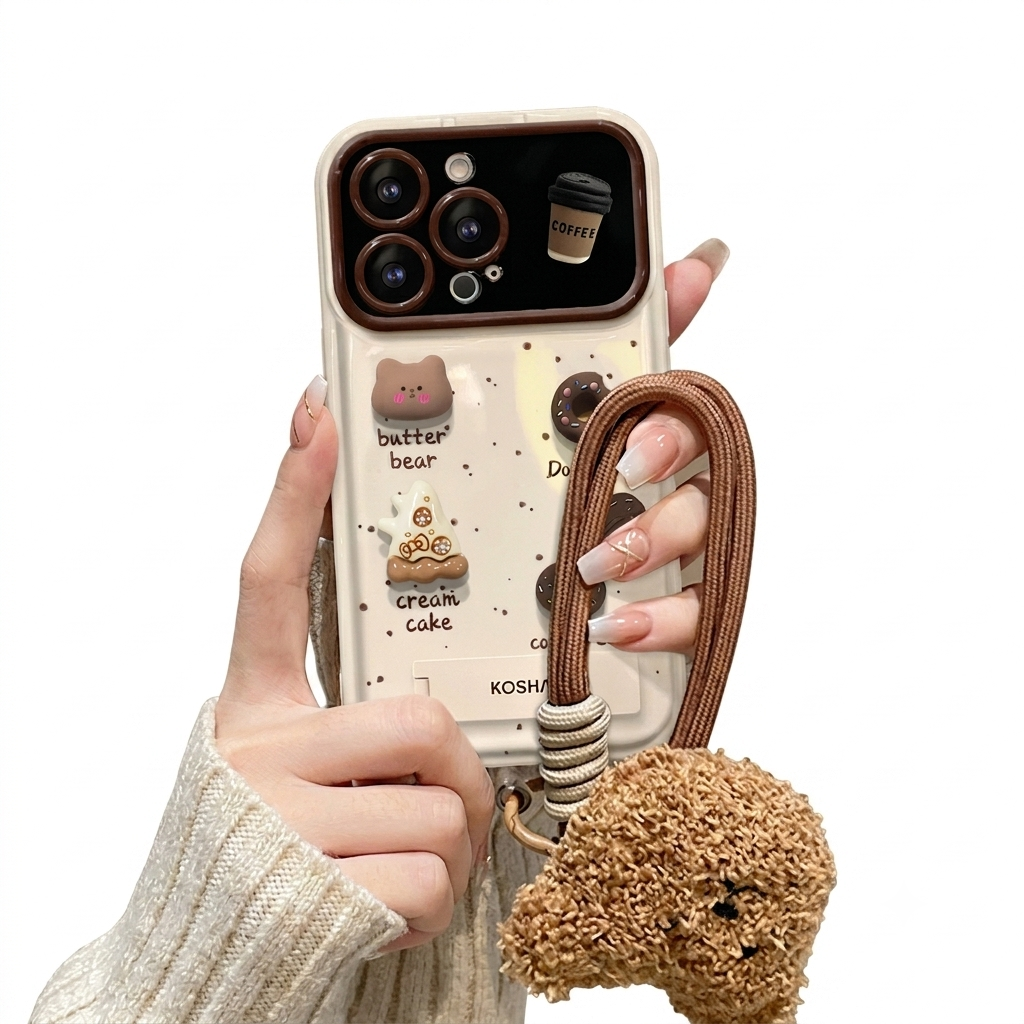 3D Cafe Bear Kickstand Case with Plush Teddy Wristlet Set