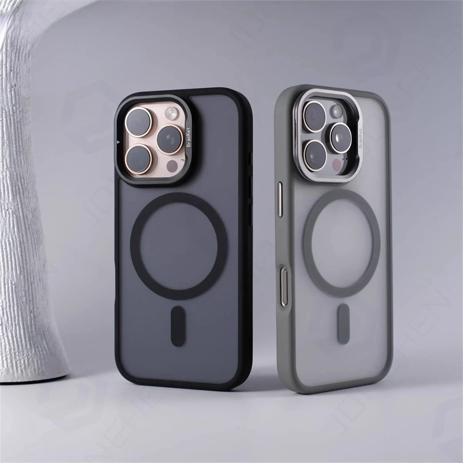 For Magsafe Invisible Alloy Lens Kickstand Shockproof Bumper Case For iPhone 16 Pro Max 15 14 16Pro Magnetic Matte Armor Cover
