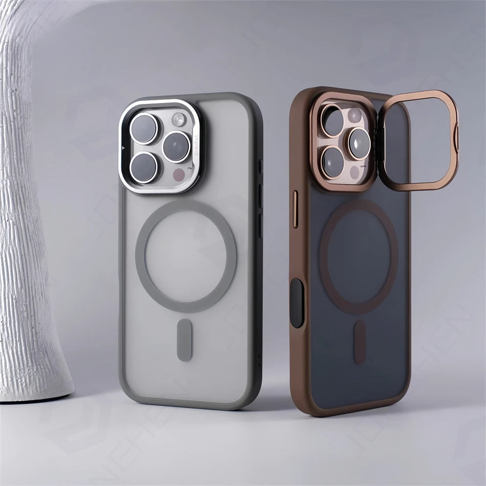 For Magsafe Invisible Alloy Lens Kickstand Shockproof Bumper Case For iPhone 16 Pro Max 15 14 16Pro Magnetic Matte Armor Cover