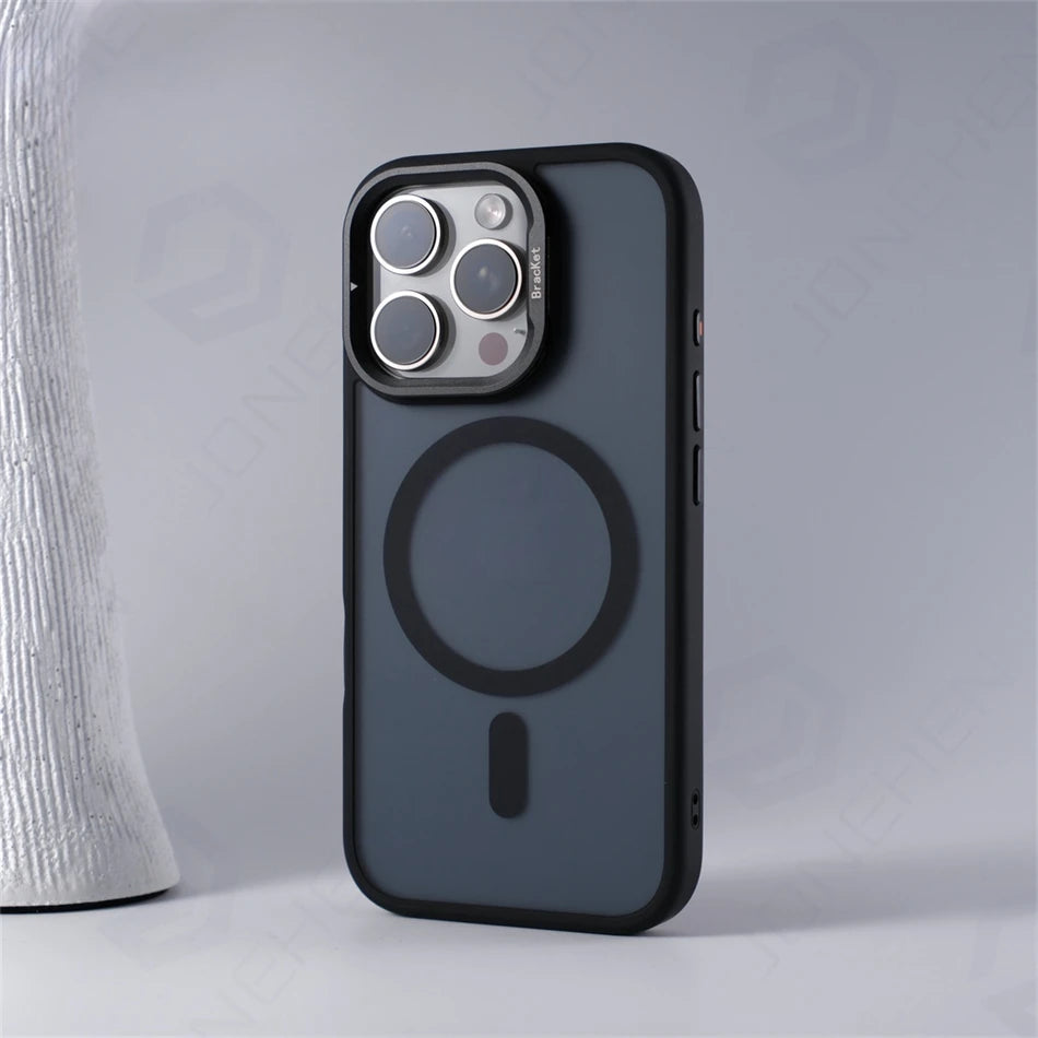 For Magsafe Invisible Alloy Lens Kickstand Shockproof Bumper Case For iPhone 16 Pro Max 15 14 16Pro Magnetic Matte Armor Cover