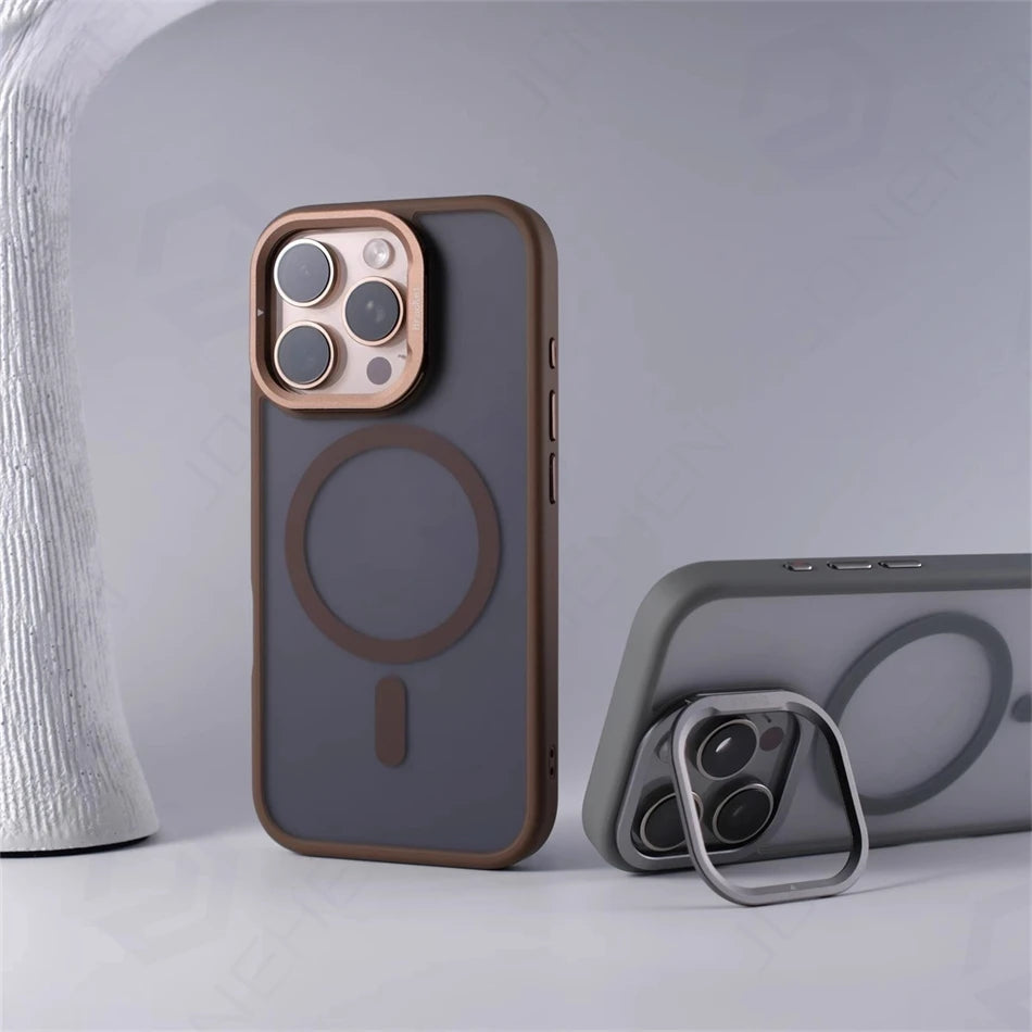 For Magsafe Invisible Alloy Lens Kickstand Shockproof Bumper Case For iPhone 16 Pro Max 15 14 16Pro Magnetic Matte Armor Cover