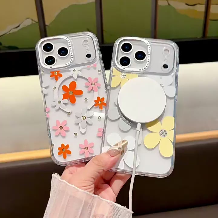 Cross-Border Applicable Apple 17 Phone Case, Fresh Daisy Design, 16Promax Diamond-Encrusted Transparent Case, Magnetic Suction 15Pro